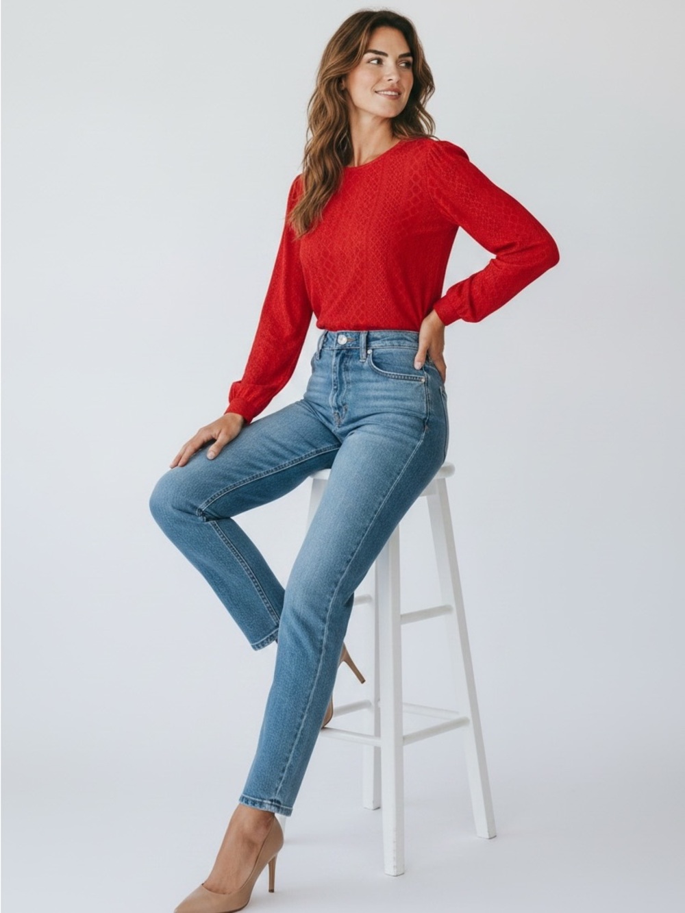 Fantaslook Sheer Eyelet Lace Voluminous Sleeve Red Top